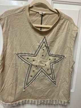 POL Beige Star-Embellished Sleeveless Tank